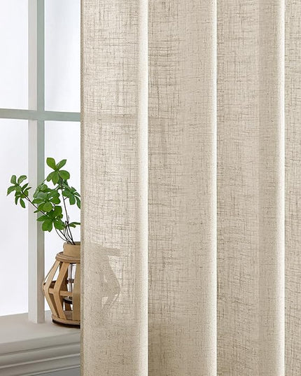 MIULEE Beige Linen Curtains 54 Inch Length 2 Panels for Bedroom Living Room, Soft Linen Textured Window Drapes Semi Sheer Light Filtering Back Tab Rod Pocket Farmhouse Modern Burlap Look Decor