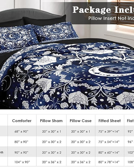 Comforter Set Full Size, Astrology Sun Moon 7 Pcs Bedding for Kids and Adults, Blue Starry Flower Bed Sheet Sets with Fitted Sheet 2 Pillowcases & 2 Shams for Bedroom Bed Decor
