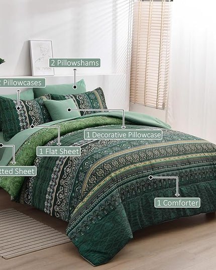 Boho Green Comforter Set Full Size,8 Piece Bed in a Bag Bohemian Striped Bedding Quilt Set,Dark Green Paisley Floral Comforter and Sheet Set,Soft Microfiber Complete Bedding Sets for All Season
