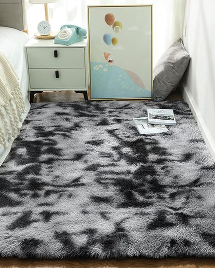 Ophanie Tie-Dyed Black&Grey Area Rugs for Bedroom Living Room, Fluffy Shag Fuzzy Carpet, Plush Shaggy Rug, 4x6 Indoor Carpet for Kids Boys Dorm Home Decor Aesthetic, Nursery