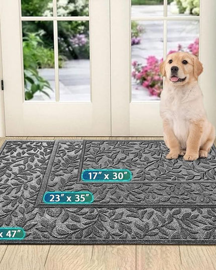 Bulijojo Sturdy Front Entrance Doormats,Durable Heavy Duty Welcome Mat,Thick Absorbent Natural Rubber Non Slip Mat,Easy Clean Entryway Mat 17x30 Inch Leaves Grey