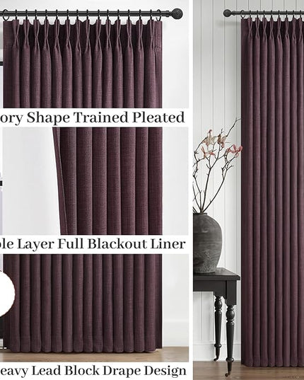 Blackout Thick Linen Viral Curtains 96 Inches Long 2 Panels Set for Dining Room, Dark Purple Memory Trained Pinch Pleat Dual Layer Heavy Drapes Insulated Noise Cancelling Textured Windows Curtain 8 FT