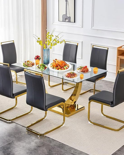 63” Glass Dining Table Set for 6,Gold Dining Room Table Set for 6,Modern Kitchen Table and PU Leather Chairs for 6, Rectangle Tempered Glass Top and Golden Base
