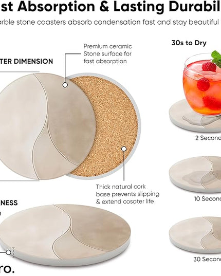 VEYRO Coasters Set of 6 for Drinks – Absorbent Ceramic Stone Drink Coasters with Cork Backing for Coffee Table & Desk, Modern Marble Look Cup Coaster Set, Housewarming Gift for New Home