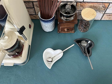 Coffee & Tea Spoon and Rest Set for Coffee Bar Accessories, Heart Cute Mini & Small Coffee Spoon Rest & Holder for Coffee Station & Bar, Teaspoon Rest & Holder (White Rest with Silver Spoon*2)