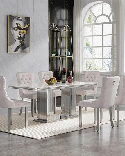 HomVent 68.11'' Rectangle Dining Table Set for 6, Modern Faux Marble Table with Stainless Steel Base (Silver with 6 Beige Chairs, 7 Pieces)