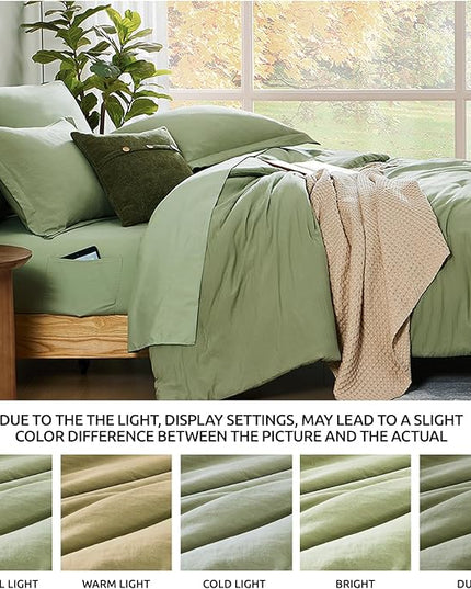WRENSONGE Queen Comforter Set - 7 Pieces Sage Green Soft Bed in a Bag Queen with Fitted Sheet, Flat Sheet, 2 Pillow Shams, and 2 Pillowcases- Warm Bedding Sets Queen for All Season