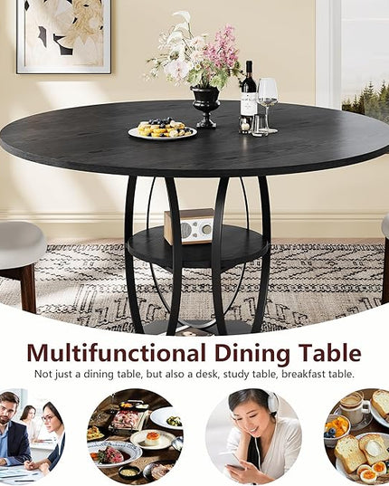 Round Dining Table for 4, 3-Tier Dinner Room Tables with Storage Shelf, Space Saving Small Kitchen Table, Farmhouse Dinner Table with Wooden Tabletop and Hexagonal Base (Black, 47inch)