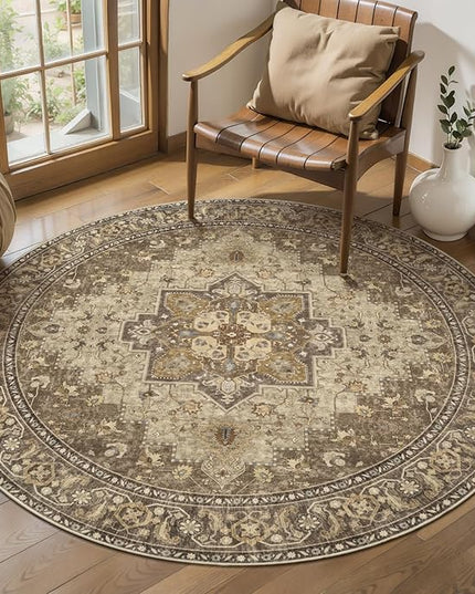 Ciicool Circle Boho Area Rug 4x4ft Round Washable Bedroom Non-Slip Vintage Entryway Throw Low-Pile Indoor Carpet for Living Room Foyer