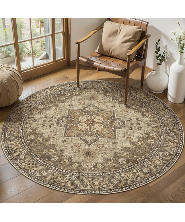 Ciicool Circle Boho Area Rug 4x4ft Round Washable Bedroom Non-Slip Vintage Entryway Throw Low-Pile Indoor Carpet for Living Room Foyer
