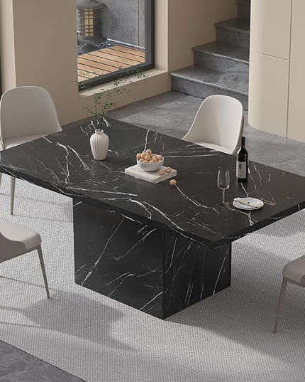 HSH 55 inch Dining Room Table for 4, Modern Black Faux Marble Dining Table, Rectangle Kitchen Table with Heavy Duty Pedestal, Industrial Wood Dinner Desk for Home Living Room, Black Marble, 55 Inch