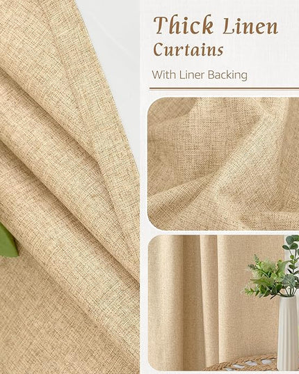 LAMIT 40 Inch Length 100% Blackout Linen Curtains, Linen Textured Thermal Curtains Back Tab and Rod Pocket Neutral Panels with White Liner for Kitchen/Windows/Cafe, 2 Panels, 42 x 40 Inch, Burlap