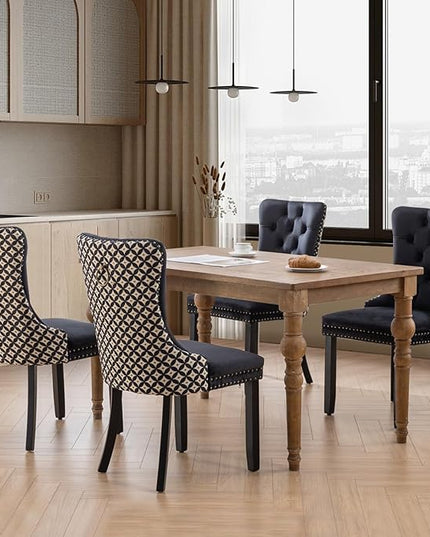 SoarFlash Velvet Dining Chairs Set of 4, Tall Back Side Chair, Modern Upholstered Side Chair with Button Back Ring, Solid Wood Legs (Black&Plaid)