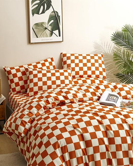 CLOTHKNOW Rust Beige Plaid Full Size Comforter Sets 3Pcs Grid Bedding Comforter Sets Terracotta Checker Comforter with 2 x Pillow Cases