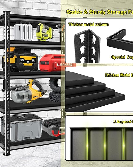 Metal Heavy Duty Garage Shelves: 40''W 2,250Lbs Steel Adjustable Storage Industrial Utility Shelving Rack Units 5 Tier Black 40" W x 18" D x 72" H