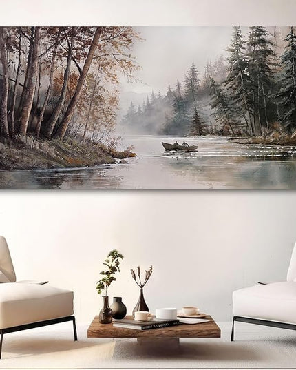 HGUAOA Mountain Canvas Wall Art Rustic Lake Landscape - Nature & Forest Scenery Paintings Pictures for Living Room & Bedroom Wall Decor Vintage Artwork for Walls