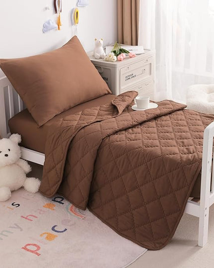 NTBAY Toddler Bedding Set - 4 Piece Soft and Breathable Crib Bedding Set for Boys and Girls, Includes Quilted Comforter, Fitted Sheet, Flat Top Sheet and Envelope Pillowcase, Brown