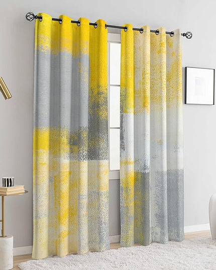 Yellow Window Curtain Yellow Grey Abstract Thermal Insulating Drapes Rust Art Treatment Drapes Modern Curtains for Living Room Bedroom Hotel, 52" x 63", 2 Panels
