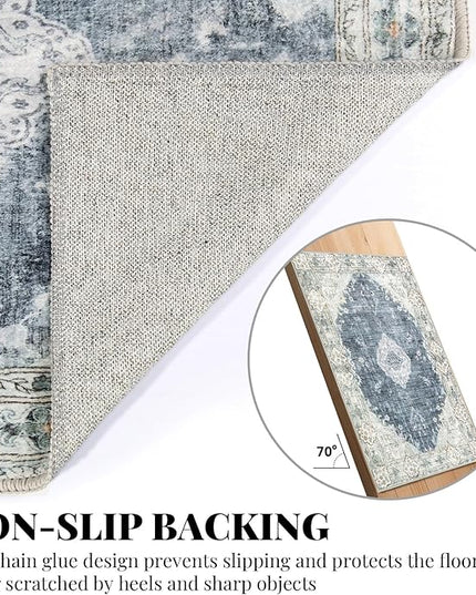 MUJOO Blue Grey Rug 9'x12' Area Rugs for Living Room Dining Room Washable Rugs Large Rug Boho Rug for Bedroom Non Slip Abstract Soft Low-Pile Floral Flowers