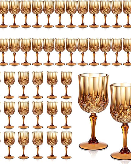 XUWAIDSGN 7oz Plastic Vintage Wine Glasses Drinking Glasses Unbreakable Wedding Glassware Crystal Water Goblets Reusable Drinkware Vintage Champagne Flutes (48, Brown)