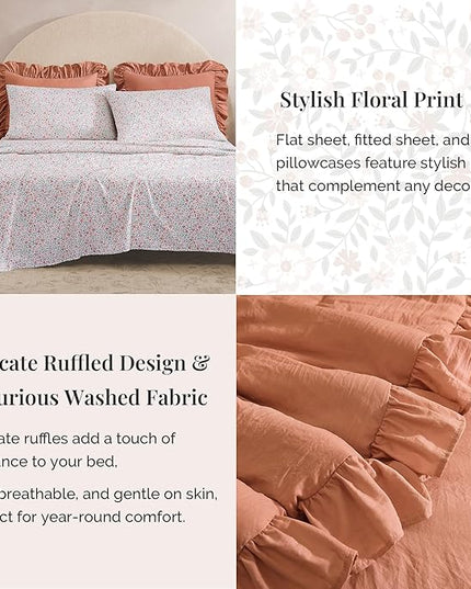 Full Comforter Set - 7 Pieces Ruffle Autumn Leaf Bedding Sets, Shabby Chic Farmhouse Bed in a Bag Full with Ruffle Comforter, Floral Sheets, Pillowcases & Shams