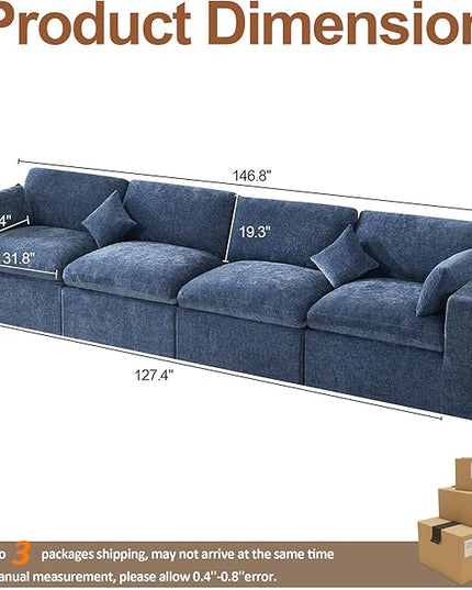 155''Cloud Boneless Sectional Couch, Modular Sectional Sofa Deep Seat, Oversized Upholstered Convertible Comfy 4 Seater Chenille Memory Foam Sofa Couches for Living Room, Blue