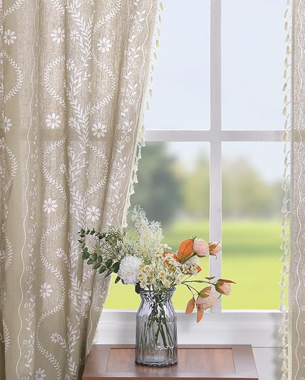 Boho Curtains 2 Panel for Living Room 84 Inches Long Linen Floral Curtains Semi Sheer Vintage Farmhouse Window Curtain Rustic Western Curtain Tan