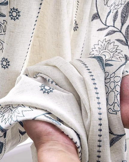 jinchan Winslow Linen Curtains 54 Inch Length Small Window Curtains Embroidered Bordered Floral Drapes Light Filtering for Bathroom Laundry Room Kitchen Farmhouse Decor Blue on Beige 2 Panels