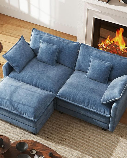 WorthFurni 77 Inch L Shape Cloud Sofa, Modular Sectional Couch with Ottoman, Comfy Chenille Deep Seat Loveseat with Pillow for Living Room Bedroom Apartment (Blue)