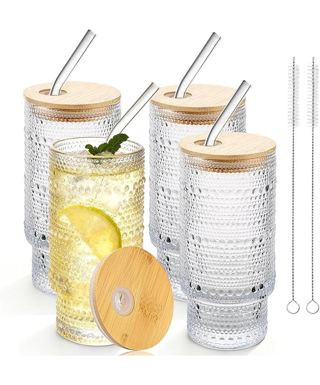 Hobnail Drinking Glasses 16 oz, 4 Pack Vintage Hobnail Glassware, Clear Water Glasses Tumbler, Kitchen Cups for Juice, Beer, Cocktail, Whiskey