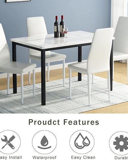 AWQM 5 Pieces Dining Table Set, Kitchen Table Set with Faux Marble Top Table and 4 Faux Leather Upholstered Chairs for Kitchen, Breakfast Nook, Dining Room, White+Beige, 47.25" L x 27.56" W x 30.1" H