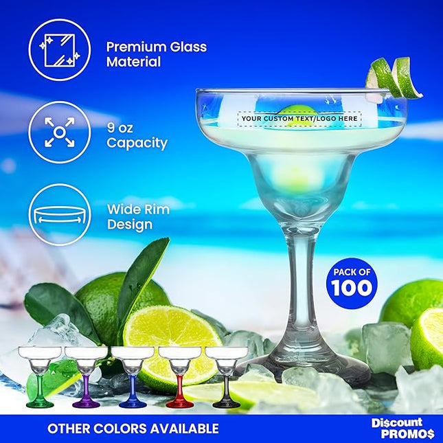 DISCOUNT PROMOS 100 Margarita Glasses Set, 9 oz. - Personalized Text, Logo - Classic, Smooth, Barware, Glassware - Clear