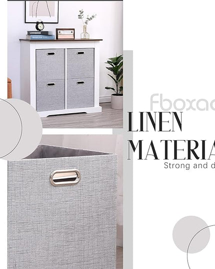 Cube Storage Bins 13×13x13 Inch Linen Foldable Box with Handles, Collapsible Organization Basket Set of 4 Large Capacity Grewer for Closet Shelf Cabinet Bookcase Bedroom, Silver Grey