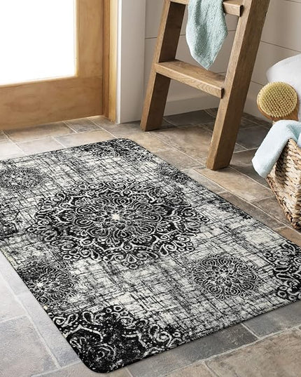 Lahome Vintage Medallion Washable Area Rug - 2'x3' Black Small Entry Rug Accent Distressed Non-Slip Throw Floor Carpet for Door Mat Entryway Bedroom Living Laundry Room Kitchen