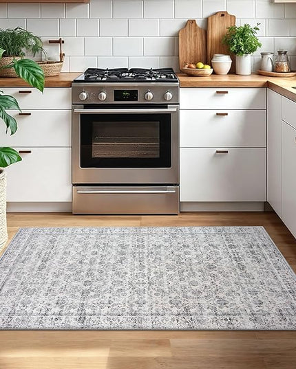 3x5 Washable Area Rug for Entryway, Grey Blue White Soft Distressed Floral Rug with Non-Slip, Low-Pile Vintage Area Rugs for Living Room, Bedroom, Dorm Carpet with Non-Shedding