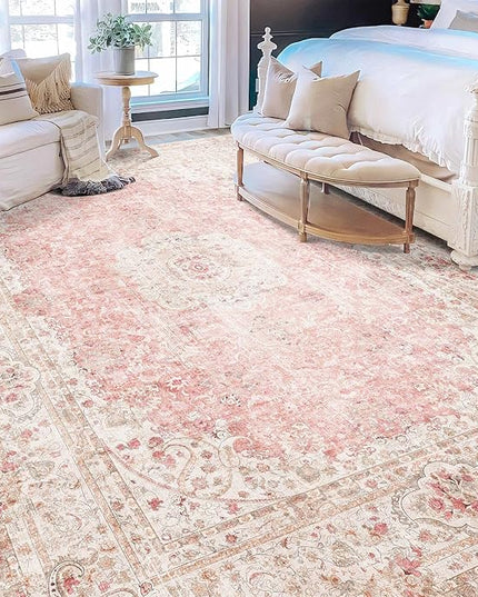 9x12 Area Rugs Washable,Pink Rug for Living Room Bedroom Dining Room,Large Boho Vintage Bohemian Distressed Carpet Non Slip,Blush