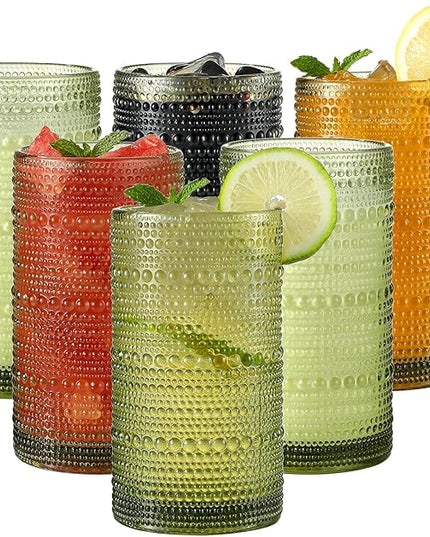 Vintage Hobnail Drinking Glasses Set of 12, 16 oz Large Capacity Embossed Green Tumblers, Highball Glasses for Water, Cocktail, Beer, Whiskey, Kitchen & Bar Use