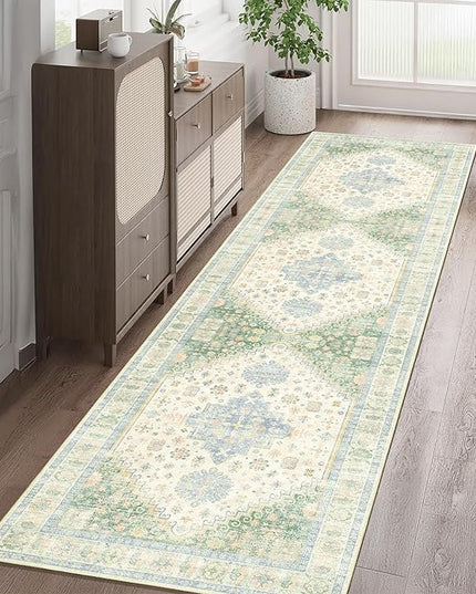 MUJOO Washable Runner Rug,2x8 Runners for Kitchen Bathroom Hallway Bedroom Entryway Laundry,Non Slip Long Mat Indoor,Boho Throw Carpet Low Pile Light Green and Blue