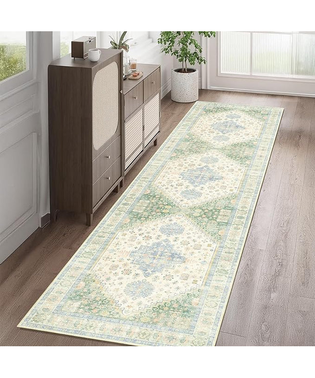 MUJOO Washable Runner Rug,2x8 Runners for Kitchen Bathroom Hallway Bedroom Entryway Laundry,Non Slip Long Mat Indoor,Boho Throw Carpet Low Pile Light Green and Blue