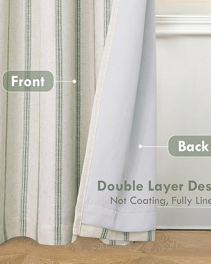DriftAway Farmhouse Linen Blend Blackout Curtains 96 Inches Long for Bedroom Vertical Striped Printed Linen Curtains Thermal Insulated Lined Treatments for Living Room 2 Panels W52 x L96 Loden Green