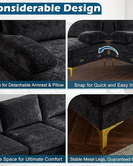 VINGLI 110" Large U-Shape Sectional Sofa Couch with 51" D Double Chaise for Living Room, Modern Sectional Couch Set with Soft 5.9" Thickness Seating Padding, Chenille Fabric,Metal Gold Legs(Black)