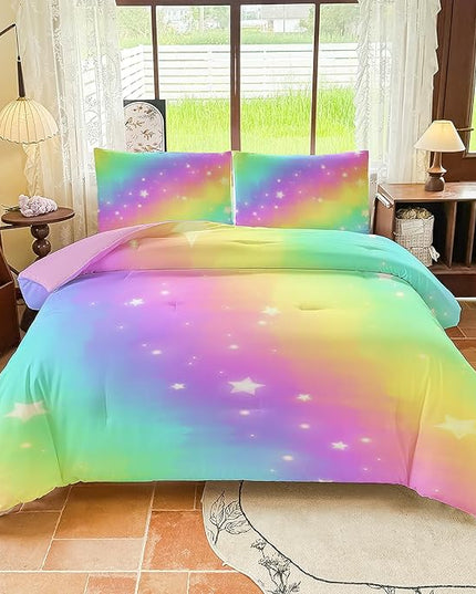 Rainbow Bedding Set Full Size – 5 Piece Reversible Girls Comforter with Deep-Pocket Sheet, Gradient Galaxy Design, Whole-Piece Filling, Machine Washable Bed-in-a-Bag for Kids Room Makeover & Gifts