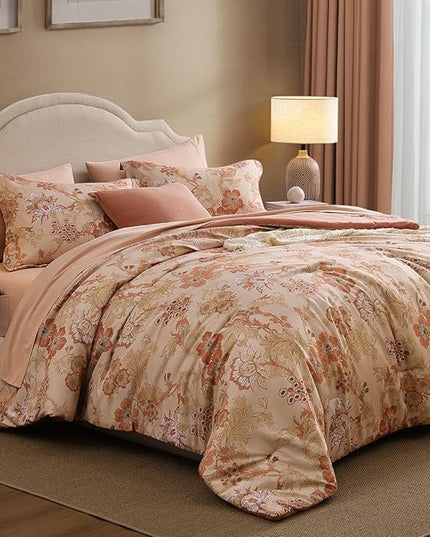 Full Comforter Set -7 Pieces Terrecotta Floral Comforter Set for All Seasons, Bed in a Bag Full with Botanical Flowers Comforter, Sheets, Pillowcases & Shams