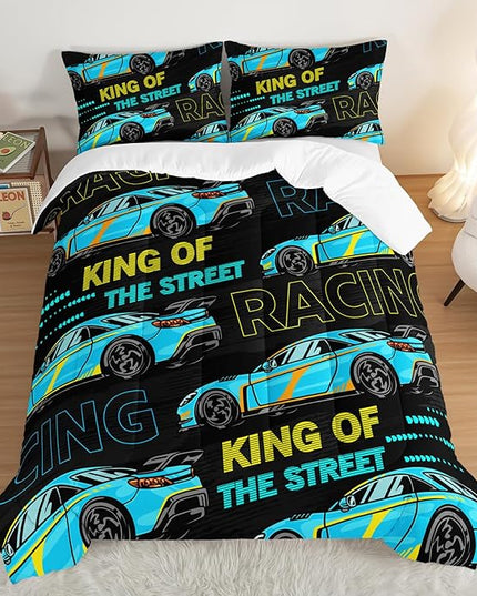 Car Bed for Boys King Comforter Set,Kids Racing Car Comforter Extreme Sports Bedding Set for Teens Boys Race Car Room Decor,Cool Blue Themed Children's Bedding with 2 Pillowcases.