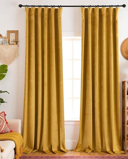 KOUFALL Mustard Yellow Velvet Curtains 96 Inches Long 2 Panel Set Black Out,Back Hook Mid Century Modern Curtain,Pleated Blackout MCM Vintage Boho Eclectic Curtains for Living Room Bedroom