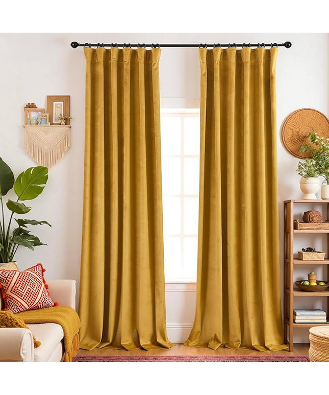 KOUFALL Mustard Yellow Velvet Curtains 96 Inches Long 2 Panel Set Black Out,Back Hook Mid Century Modern Curtain,Pleated Blackout MCM Vintage Boho Eclectic Curtains for Living Room Bedroom