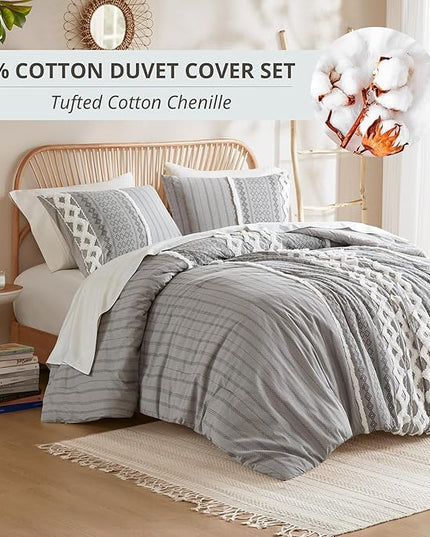INK+IVY Imani 100% Cotton Duvet Mid Century Modern Design, All Season Comforter Cover Bedding Set, Matching Shams, Full/Queen, Gray Chenille Tufted Accent 3 Piece