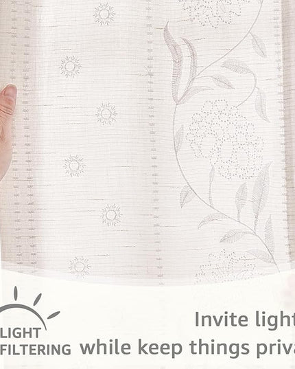 jinchan Winslow Linen Curtains for Bedroom 96 Inches Length Embroidered Bordered Floral Curtains for Living Room Farmhouse Decor Light Filtering Window Treatments White on White Drapes 2 Panels