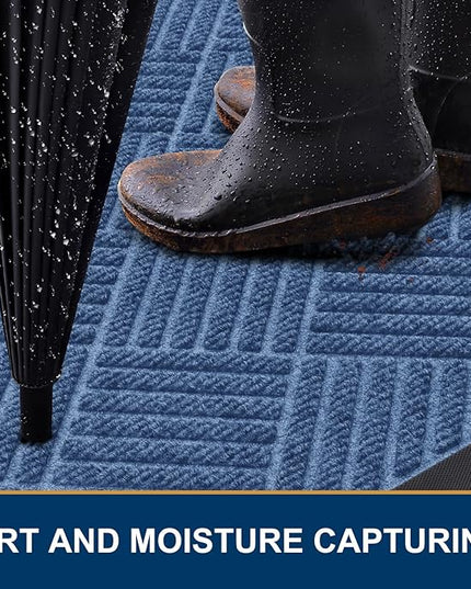 Smiry Front Door Mat Outside Entrance, Heavy Duty Outdoor Indoor Natural Rubber Doormat, Non Slip, Trap Dirt and Moisture, Easy Clean, Low Profile Patio Porch Entryway Mat, 29.5x17, Blue