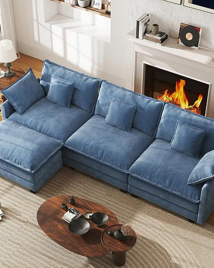 WorthFurni 111.4” Cloud Couch, Modular Sectional Sofa with Ottoman, Comfy Modern 3-Seater Couches with Pillows & Upholstered Deep Seat Cushion for Apartment Living Room Bedroom (Blue)